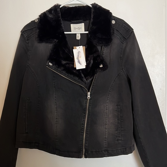 Jessica Simpson fur lined denim moto jacket plus size - Picture 4 of 7